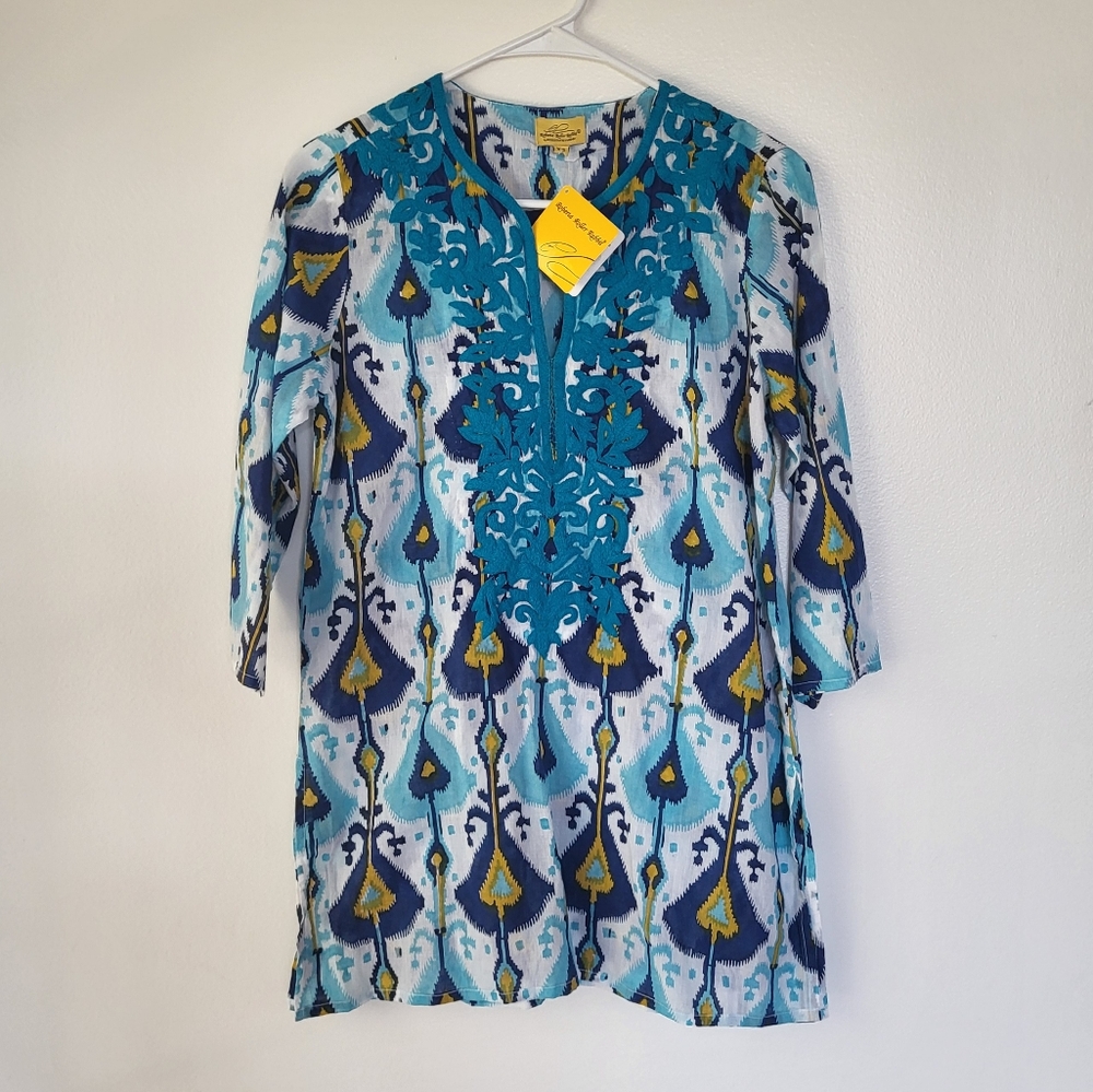 Roberta Roller Rabbit XS NWT Embroidered Tunic Top Blue Ikat Boho Beach Resort